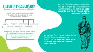 Pensadores griegos, anteriores a Sócrates
Filosifía presocrática
Estaban preocupados por comprender
y descifrar el origen natural de todo
aquello que les rodeaba.
Tales
de Mileto
Heráclito
Anaxímedes
Anaximandro
Pitágoras
Demócrito Protágoras
Desarrollan una serie de reflexiones acerca
de cuál era el principio de las cosas,
no desde la mitología sino desde
el pensamiento racional.
Es una filosofía que busca conocer
cuál es el origen de la naturaleza y
sus fenómenos, así como, de todo
aquello que no es hecho por la
mano del hombre.
No existen fuentes primarias de las
teorías desarrolladas por los
presocráticos. Solo se cuenta con
las citas halladas en fuentes
secundarias.
 