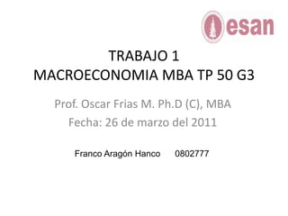 TRABAJO 1MACROECONOMIA MBA TP 50 G3 Prof. Oscar Frias M. Ph.D (C), MBA Fecha: 26 de marzo del 2011   Franco Aragón Hanco      0802777 