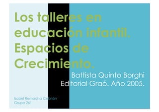 Los talleres en
educación infantil.
Espacios de
Crecimiento.
                            Battista Quinto Borghi
                         Editorial Graó. Año 2005.
Isabel Remacha Cebrián
Grupo 261
 