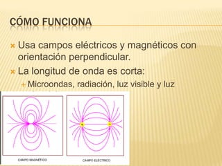 CÓMO FUNCIONA

 Usa campos eléctricos y magnéticos con
  orientación perpendicular.
 La longitud de onda es corta:
     Microondas,   radiación, luz visible y luz
     ultravioleta
 