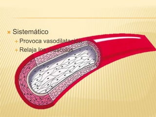    Sistemático
     Provoca  vasodilatación
     Relaja los músculos
 