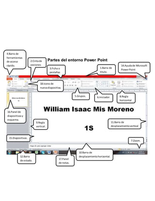 Partes del entorno Power Point2.Cintade
opciones
12.Barra
de estado.
17.Panel
de notas.
15.Diapositivas.
14.Ayudade Microsoft
PowerPoint
10.Barra de
desplazamientohorizontal.
6.Iniciador.
9.Regla
vertical.
3.Ficha o
pestañas
5.Grupos.
7.Zoom.
4.Barra de
herramientas
de acceso
rápido.
1.Barra de
titulo.
11.Barra de
desplazamientovertical
16.Panel de
diapositivasy
esquema.
8.Regla
horizontal
18.Icono de
nuevadiapositiva.
 
