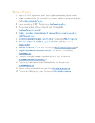Fuentes de información.
1. Martínez, G. (2018).ConceptosdeSaludPúblicayestrategiaspreventivas. Elsevier España.
2. MiradorUniversitarioUNAM.(2019, 22 deenero). 2.- SistemaNacionaldeSaludenMéxico[video].
YouTube.https://youtu.be/lzdTawvjtcc
3. Ley delsegurosocial,07-2021. Recuperadode:https://www.imss.gob.mx
4. Rasgosy característicasdelSeguroPopulardesalud.Recuperadode:
https://www2.izt.uam.mx>amet.pdf
5. Ventajas y desventajasdel sistemadesaludde estadosunidosde américa.Recuperadode:
https://insurances-yt.com
6. Combatirladiabetes,prioridadparaelgobiernofederal. Recuperadode:https://www.gob.mx
7. Día mundialcontra ladiabetes2021“elaccesoalcuidado”.Nov. 2021.Recuperadode
https://codigof.mx
8. Atlas de la diabetesdela fid. Marz.2020. recuperadode:https://diabetesatlas.or>resourcespdf
9. Programanacionalde prevencióncontraladiabetes –CDC.Feb2021.Recuperadode:
https://www.cdc.gov
10. Los estadosunidosde ladiabetes-UnitedHealth Groupnov.2010. recuperadode:
https://www.unitedhealthgroup.com>UHG pdf
11. Programanacionaldeprevencióndeladiabetes| Benefits. gov. Recuperadode:
https://www.benefits.gov
12. Diabetesmellitus|Argentina. Gob.ar.recuperadode: https://www.argentina.gob.ar
13. Programanacionaldediabetes –avent. Recuperadode:https://avent.mspbs.gov.py
 