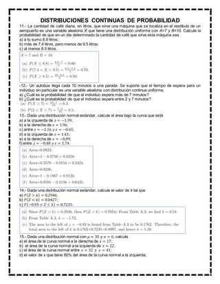 DISTRIBUCIONES CONTINUAS DE PROBABILIDAD
11.- La cantidad de café diaria, en litros, que sirve una máquina que se localiza en el vestíbulo de un
aeropuerto es una variable aleatoria X que tiene una distribución uniforme con A=7 y B=10. Calcule la
probabilidad de que en un día determinado la cantidad de café que sirve esta máquina sea
a) a lo sumo 8.8 litros;
b) más de 7.4 litros, pero menos de 9.5 litros;
c) al menos 8.5 litros.
-12.- Un autobús llega cada 10 minutos a una parada. Se supone que el tiempo de espera para un
individuo en particular es una variable aleatoria con distribución continua uniforme.
a) ¿Cuál es la probabilidad de que el individuo espere más de 7 minutos?
b) ¿Cuál es la probabilidad de que el individuo espere entre 2 y 7 minutos?
13.- Dada una distribución normal estándar, calcule el área bajo la curva que está
a) a la izquierda de 𝑧 = −1.39;
b) a la derecha de 𝑧 = 1.96;
c) entre 𝑧 = −2.16 𝑦 𝑧 = −0.65;
d) a la izquierda de 𝑧 = 1.43;
e) a la derecha de 𝑧 = −0.89;
f) entre 𝑧 = −0.48 𝑦 𝑧 = 1.74.
14.- Dada una distribución normal estándar, calcule el valor de k tal que
a) 𝑃( 𝑍 > 𝑘) = 0.2946;
b) 𝑃( 𝑍 < 𝑘) = 0.0427;
c) 𝑃(−0.93 < 𝑍 < 𝑘) = 0.7235.
15.- Dada una distribución normal con 𝜇 = 30 y 𝜎 = 6, calcule
a) el área de la curva normal a la derecha de 𝑥 = 17;
b) el área de la curva normal a la izquierda de 𝑥 = 22;
c) el área de la curva normal entre 𝑥 = 32 𝑦 𝑥 = 41;
d) el valor de x que tiene 80% del área de la curva normal a la izquierda;
 