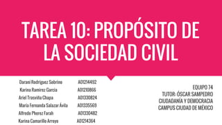 TAREA 10: PROPÓSITO DE
LA SOCIEDAD CIVIL
Daraní Rodríguez Sobrino A01214492
Karina Ramirez Garcia A01210866
Ariel Trasviña Chapa A01330824
María Fernanda Salazar Ávila A01335569
Alfredo Pherez Farah A01330482
Karina Camarillo Arroyo A01214364
EQUIPO 74
TUTOR: ÓSCAR SAMPEDRO
CIUDADANÍA Y DEMOCRACIA
CAMPUS CIUDAD DE MÉXICO
 