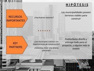 Municipios Dirección de proyectos, Asesoría Urbana,  Departamento de Áreas Urbanas, Ornato de Parques y Jardines (administra los usos y mantiene el parque) y Dirección de DeportesEmpresas  Analista de comunicaciones, Depto. de marketingPersonalizadasCo-creaciónColaboraciónGestión y contacto entre  Municipalidades y empresasPublicidad de alto impacto y plataforma de RSECliente Directo Empresas que invierten en RSECliente Indirecto Usuarios de espacios públicosCustomización  DiseñoConveniencia“A la medida”Espacio físicoDiseñadoresArquitectosPágina webAgentesEmpresas privadasLicensing – Volume dependent - NegotiationMaterialesRemuneracionesMano de obra