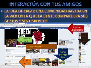 6 Menús
                                      despegables
                                                4.-el
                                                chat
1.- creado                                        en
tu perfil                                       línea

       2.-resumen general
                               5.-
                             menus
                            despega
                              bles
  3.- el
  muro
 