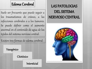 LAS PATOLOGIAS 
DEL SISTEMA 
NERVIOSO CENTRAL 
Edema Cerebral 
Suele ser frecuente que puede seguir a 
los traumatismos de cráneo, a las 
infecciones cerebrales o a los tumores. 
Se puede definir como el aumento 
anormal en el contenido de agua de los 
tejidos del sistema nervioso central. 
Existen tres formas de edema cerebral: 
Vasogénico 
Citotóxico 
Intersticial 
 
