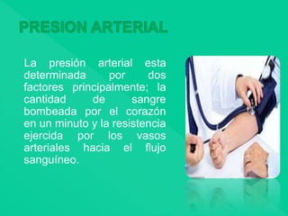 La presión arterial esta
determinada por dos
factores principalmente; la
cantidad de sangre
bombeada por el corazón
en un minuto y la resistencia
ejercida por los vasos
arteriales hacia el flujo
sanguíneo.
 