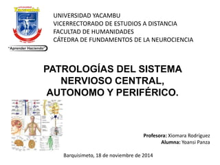 UNIVERSIDAD YACAMBU 
VICERRECTORADO DE ESTUDIOS A DISTANCIA 
FACULTAD DE HUMANIDADES 
CÁTEDRA DE FUNDAMENTOS DE LA NEUROCIENCIA 
PATROLOGÍAS DEL SISTEMA 
NERVIOSO CENTRAL, 
AUTONOMO Y PERIFÉRICO. 
Profesora: Xiomara Rodríguez 
Alumna: Yoansi Panza 
Barquisimeto, 18 de noviembre de 2014 
 