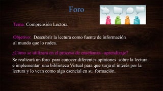 Foro
Tema: Comprensión Lectora
Objetivo: Descubrir la lectura como fuente de información
al mundo que lo rodea.
¿Cómo se utilizara en el proceso de enseñanza –aprendizaje?
Se realizará un foro para conocer diferentes opiniones sobre la lectura
e implementar una biblioteca Virtual para que surja el interés por la
lectura y lo vean como algo esencial en su formación.
 