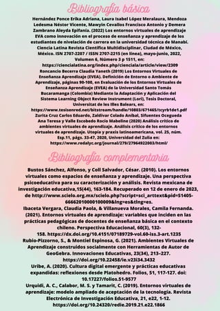Bibliografía básica
Bibliografía básica
Bibliografía básica
Hernández Ponce Erika Adriana, Laura Isabel López Meralaura, Mendoza
Ledesma Néstor Vicente, Mawyin Cevallos Francisco Antonio y Demera
Zambrano Aleyda Epifanía. (2022) Los entornos virtuales de aprendizaje
EVA como innovación en el proceso de enseñanza y aprendizaje de los
estudiantes de nivelación de carrera en la universidad técnica de Manabí.
Ciencia Latina Revista Científica Multidisciplinar, Ciudad de México,
México. ISN 2707-2207 / ISSN 2707-2215 (en línea), mayo-junio, 2022,
Volumen 6, Número 3 p 1511, en:
https://ciencialatina.org/index.php/cienciala/article/view/2309
Roncancio Becerra Claudia Yaneth (2019) Los Entornos Virtuales de
Enseñanza Aprendizaje (EVEA). Definición de Entorno o Ambiente de
Aprendizaje, páginas 90-100, en Evaluación de los Entornos Virtuales de
Enseñanza Aprendizaje (EVEA) de la Universidad Santo Tomás
Bucaramanga (Colombia) Mediante la Adaptación y Aplicación del
Sistema Learning Object Review Instrument (Lori), Tesis Doctoral,
Universitat de les Illes Balears, en:
https://www.tesisenred.net/bitstream/handle/10803/671465/tcyrb1de1.pdf
Zurita Cruz Carlos Eduardo, Zaldívar Colado Aníbal, Sifuentes Ocegueda
Ana Teresa y Valle Escobedo Rocío Mabeline (2020) Análisis crítico de
ambientes virtuales de aprendizaje. Análisis crítico de los entornos
virtuales de aprendizaje. Utopía y praxis latinoamericana, vol. 25, núm.
Esp.11, págs. 33-47, 2020, Universidad del Zulia en:
https://www.redalyc.org/journal/279/27964922003/html/
Bibliografía complementaria
Bibliografía complementaria
Bibliografía complementaria
Bustos Sánchez, Alfonso, y Coll Salvador, César. (2010). Los entornos
virtuales como espacios de enseñanza y aprendizaje. Una perspectiva
psicoeducativa para su caracterización y análisis. Revista mexicana de
investigación educativa,15(44), 163-184. Recuperado en 12 de enero de 2023,
de http://www.scielo.org.mx/scielo.php?script=sci_arttext&pid=S1405-
66662010000100009&lng=es&tlng=es.
Ibaceta Vergara, Claudia Paola, & Villanueva Morales, Camila Fernanda.
(2021). Entornos virtuales de aprendizaje: variables que inciden en las
prácticas pedagógicas de docentes de enseñanza básica en el contexto
chileno. Perspectiva Educacional, 60(3), 132-
158. https://dx.doi.org/10.4151/07189729-vol.60-iss.3-art.1235
Rubio-Pizzorno, S., & Montiel Espinosa, G. (2021). Ambientes Virtuales de
Aprendizaje construidos socialmente con Herramientas de Autor de
GeoGebra. Innovaciones Educativas, 23(34), 213–227.
https://doi.org/10.22458/ie.v23i34.3432
Uribe, A. (2020). Cultura digital emergente y prácticas educativas
expandidas: reflexiones desde Platohedro. Folios, 51, 117-127. doi:
10.17227/folios.51-9577
Urquidi, A. C., Calabor, M. S. y Tamarit, C. (2019). Entornos virtuales de
aprendizaje: modelo ampliado de aceptación de la tecnología. Revista
Electrónica de Investigación Educativa, 21, e22, 1-12.
https://doi.org/10.24320/redie.2019.21.e22.1866
 