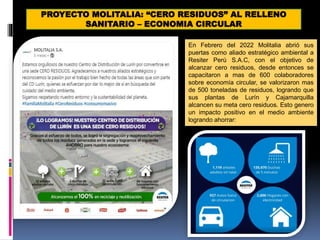 PROYECTO MOLITALIA: “CERO RESIDUOS” AL RELLENO
SANITARIO – ECONOMIA CIRCULAR
En Febrero del 2022 Molitalia abrió sus
puertas como aliado estratégico ambiental a
Resiter Perú S.A.C, con el objetivo de
alcanzar cero residuos, desde entonces se
capacitaron a mas de 600 colaboradores
sobre economía circular, se valorizaron mas
de 500 toneladas de residuos, logrando que
sus plantas de Lurín y Cajamarquilla
alcancen su meta cero residuos. Esto genero
un impacto positivo en el medio ambiente
logrando ahorrar:
 