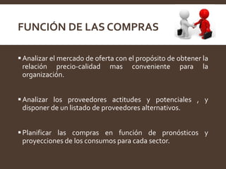 FUNCIÓN DE LAS COMPRAS
Analizar el mercado de oferta con el propósito de obtener la
relación precio-calidad mas conveniente para la
organización.
Analizar los proveedores actitudes y potenciales , y
disponer de un listado de proveedores alternativos.
Planificar las compras en función de pronósticos y
proyecciones de los consumos para cada sector.
 