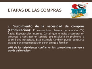 ETAPAS DE LAS COMPRAS
1. Surgimiento de la necesidad de comprar
(Estimulación): El consumidor observa un anuncio (TV,
Radio, Espectacular, Internet, Cartel) que lo invita a comprar un
producto o contratar un servicio que resolverá un problema o
cubrirá una necesidad. Este estímulo también puede generarse
gracias a una recomendación de un amigo o familiar.
46% de los televidentes confían en los comerciales que ven a
través del televisor.
 
