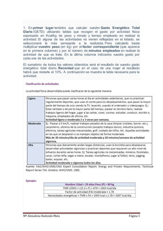 Mª Almudena Redondo Mata Página 3
1. En primer lugar tendréis que calcular vuestro Gasto Energético Total
Diario (GETD) utilizando tablas que recogen el gasto por actividad física
expresado en Kcal/kg de peso y minuto y tiempo empleado en realizar la
actividad. Si alguna de las actividades no vienen reflejadas en el listado, se
seleccionará la más semejante a la realizada. Para calcularlo basta
multiplicar vuestro peso (en kg) por el factor correspondiente (que aparece
en la primera columna) y por el número de minutos empleados en realizar la
actividad de que se trate. En la última columna indicaréis vuestro gasto por
cada una de las actividades.
El sumatorio de todos los valores obtenidos será el resultado de vuestro gasto
energético total diario. Recordad que en el caso de una mujer al resultado
habrá que restarle el 10%. A continuación se muestra la tabla necesaria para la
actividad:
 