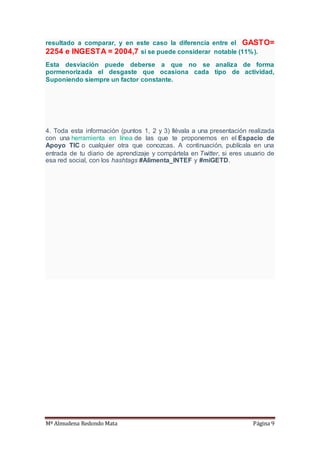 Mª Almudena Redondo Mata Página 9
resultado a comparar, y en este caso la diferencia entre el GASTO=
2254 e INGESTA = 2004,7 si se puede considerar notable (11%).
Esta desviación puede deberse a que no se analiza de forma
pormenorizada el desgaste que ocasiona cada tipo de actividad,
Suponiendo siempre un factor constante.
4. Toda esta información (puntos 1, 2 y 3) llévala a una presentación realizada
con una herramienta en línea de las que te proponemos en el Espacio de
Apoyo TIC o cualquier otra que conozcas. A continuación, publícala en una
entrada de tu diario de aprendizaje y compártela en Twitter, si eres usuario de
esa red social, con los hashtags #Alimenta_INTEF y #miGETD.
 