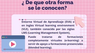 ¿ De que otra forma
se le conocen?
Puede tratarse de formaciones
completamente virtuales (e-learning) o
servir de apoyo a formaciones presenciales
(blended learning).
Entorno Virtual de Aprendizaje (EVA) o
en ingles Virtual learning environment
(VLE), también conocido por las siglas
LMS (Learning Management System),
 