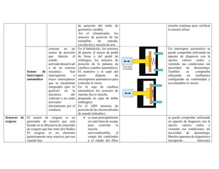 de posición del turbo de
geometría variable.
En el climatizador, los
sensores de posición de las
trampillas de entrada,
circulación y mezcla de aire.
tensión continua para verificar
la tensión eficaz
Sensor de
Interruptor
automático
consiste en un
sensor de posición
que detecta el
estado
activado/desactivad
o de un sistema
mecánico. Son
interruptores o
micro interruptores
que se encuentran
integrados (por lo
general) en la
mecánica del
vehículo y no están
activados
directamente por el
conducto
En el habitáculo, los sensores
de puerta, el sensor de pedal
de freno y del pedal de
embrague, los sensores de
posición de la palanca de
cambios (cambio automático)
El maletero y el capó del
motor dispone de
interruptores automáticos para
controlar el cierre.
En la caja de cambios
automáticos los sensores de
marcha fija (y marcha
preparada en cajas de doble
embrague)
En el ABS sensores de
posición de las electroválvulas
de mando hidraúlico
Un interruptor automático se
puede comprobar utilizando un
aparato de diagnosis con la
opción valores reales y
variando sus condiciones sin
necesidad de desmontaje.
También se comprueba
utilizando un multímetro
configurado en continuidad y
accionándolo el sensor.
Sensores de
oxígeno
El sensor de oxígeno es un
generador de tensión que está
basado en la diferencia de contenido
de oxígeno que hay entre dos fluidos
El oxígeno es un elemento
químicamente muy reactivo, por eso
cuando hay
➢ se usan principalmente
en cada línea de escape
para controlar la
mezcla
aire/combustible, el
estado del catalizador
y el estado del filtro
se puede comprobar utilizando
un aparato de diagnosis con la
opción valores reales y
variando sus condiciones sin
necesidad de desmontaje.
Muchos aparatos de diagnóstico
incorporan funciones
 