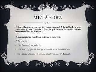 metáforaIdentificación entre dos términos, uno real A (aquello de lo que hablamos) y otro figurado B (con lo que lo identificamos), basado en una relación de semejanza.La semejanza puede ser objetiva o subjetiva.Ejemplo:Tus dientes (A) son perlas (B)