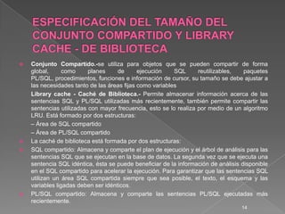 ESPECIFICACIÓN DEL TAMAÑO DEL CONJUNTO COMPARTIDO Y LIBRARY CACHE - DE BIBLIOTECA<br />Conjunto Compartido.-se utiliza par...