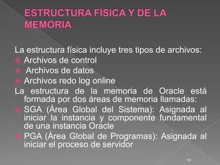 ESTRUCTURA FÍSICA Y DE LA MEMORIALa estructura física incluye tres tipos de archivos:Archivos de controlArchivos de datosArchivos redo log onlineLa estructura de la memoria de Oracle está formada por dos áreas de memoria llamadas:SGA (Área Global del Sistema): Asignada al iniciar la instancia y componente fundamental de una instancia OraclePGA (Área Global de Programas): Asignada al iniciar el proceso de servidor10