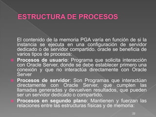 ESTRUCTURA DE PROCESOS El contenido de la memoria PGA varía en función de si la instancia se ejecuta en una configuración de servidor dedicado o de servidor compartido. oraclese beneficia de varios tipos de procesos:Procesos de usuario: Programa que solicita interacción con Oracle Server, donde se debe establecer primero una conexión y que no interactúa directamente con Oracle ServerProcesos de servidor: Son Programas que interactúan directamente con Oracle Server, que cumplen las llamadas generadas y devuelven resultados, que pueden ser un servidor dedicado o compartido.Procesos en segundo plano: Mantienen y fuerzan las relaciones entre las estructuras físicas y de memoria:22