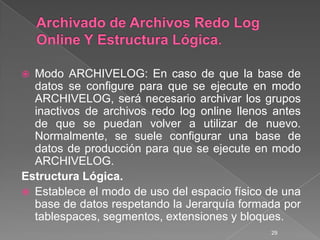Archivado de Archivos Redo Log Online Y Estructura Lógica.Modo ARCHIVELOG: En caso de que la base de datos se configure para que se ejecute en modo ARCHIVELOG, será necesario archivar los grupos inactivos de archivos redo log online llenos antes de que se puedan volver a utilizar de nuevo. Normalmente, se suele configurar una base de datos de producción para que se ejecute en modo ARCHIVELOG.Estructura Lógica.Establece el modo de uso del espacio físico de una base de datos respetando la Jerarquía formada por tablespaces, segmentos, extensiones y bloques.29