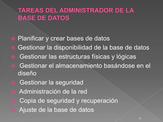TAREAS DEL ADMINISTRADOR DE LA BASE DE DATOSPlanificar y crear bases de datosGestionar la disponibilidad de la base de datosGestionar las estructuras físicas y lógicasGestionar el almacenamiento basándose en el diseñoGestionar la seguridadAdministración de la redCopia de seguridad y recuperaciónAjuste de la base de datos3