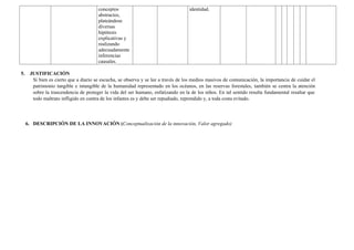conceptos
abstractos,
plateándose
diversas
hipótesis
explicativas y
realizando
adecuadamente
inferencias
causales.
identidad.
5. JUSTIFICACIÓN
Si bien es cierto que a diario se escucha, se observa y se lee a través de los medios masivos de comunicación, la importancia de cuidar el
patrimonio tangible e intangible de la humanidad representado en los océanos, en las reservas forestales, también se centra la atención
sobre la trascendencia de proteger la vida del ser humano, enfatizando en la de los niños. En tal sentido resulta fundamental resaltar que
todo maltrato infligido en contra de los infantes es y debe ser repudiado, reprendido y, a toda costa evitado.
6. DESCRIPCIÓN DE LA INNOVACIÓN (Conceptualización de la innovación, Valor agregado)
 