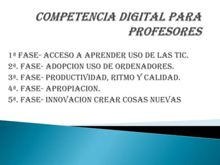 1ª FASE- ACCESO A APRENDER USO DE LAS TIC.
2ª. FASE- ADOPCION USO DE ORDENADORES.
3ª. FASE- PRODUCTIVIDAD, RITMO Y CALIDAD.
4ª. FASE- APROPIACION.
5ª. FASE- INNOVACION CREAR COSAS NUEVAS
 
