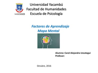 Universidad Yacambú
Facultad de Humanidades
Escuela de Psicología
Factores de Aprendizaje
Mapa Mental
Alumno: Carol Alejandra Uzcategui
Profesor:
Octubre, 2016
 