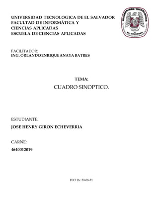 UNIVERSIDAD TECNOLOGICA DE EL SALVADOR
FACULTAD DE INFORMÁTICA Y
CIENCIAS APLICADAS
ESCUELA DE CIENCIAS APLICADAS
FACILITADOR:
ING. ORLANDOENRIQUEANAYA BATRES
TEMA:
CUADRO SINOPTICO.
ESTUDIANTE:
JOSE HENRY GIRON ECHEVERRIA
CARNE:
4640012019
FECHA: 20-08-21
 