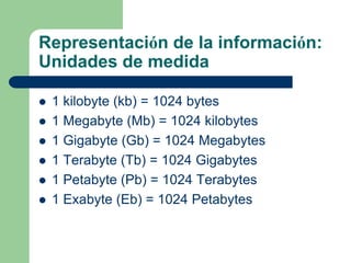 Representación de la información:
Unidades de medida

   1 kilobyte (kb) = 1024 bytes
   1 Megabyte (Mb) = 1024 kilobytes
   1 Gigabyte (Gb) = 1024 Megabytes
   1 Terabyte (Tb) = 1024 Gigabytes
   1 Petabyte (Pb) = 1024 Terabytes
   1 Exabyte (Eb) = 1024 Petabytes
 