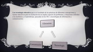 Las tecnología educativa que es el resultado de las prácticas de diferentes concepciones y
teorías educativas para la reso...