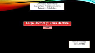Universidad “Fermín Toro”
Ingeniería de Telecomunicaciones
Cabudare – Estado Lara
Roswal Torrealba
C.I: 17.380.836
Carga Eléctrica y Fuerza Eléctrica
Tarea 1
 