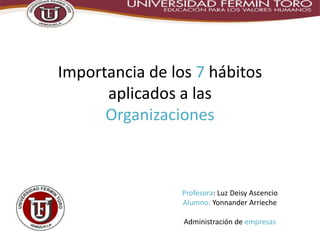 Importancia de los 7 hábitos
aplicados a las
Organizaciones
Profesora: Luz Deisy Ascencio
Alumno: Yonnander Arrieche
Administración de empresas
 