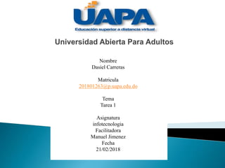 Nombre
Dasiel Carreras
Matricula
201801263@p.uapa.edu.do
Tema
Tarea 1
Asignatura
infotecnologia
Facilitadora
Manuel Jimenez
Fecha
21/02/2018
 