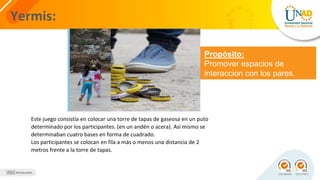 Yermis:
Propósito:
Promover espacios de
interaccion con los pares.
Este juego consistía en colocar una torre de tapas de gaseosa en un puto
determinado por los participantes. (en un andén o acera). Así mismo se
determinaban cuatro bases en forma de cuadrado.
Los participantes se colocan en fila a más o menos una distancia de 2
metros frente a la torre de tapas.
 
