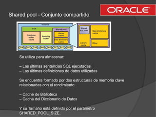 Shared pool - Conjunto compartidoSe utiliza para almacenar:– Las últimas sentencias SQL ejecutadas– Las últimas definiciones de datos utilizadasSe encuentra formado por dos estructuras de memoria clave relacionadas con el rendimiento: – Caché de Biblioteca– Caché del Diccionario de DatosY su Tamaño está definido por el parámetro SHARED_POOL_SIZE.