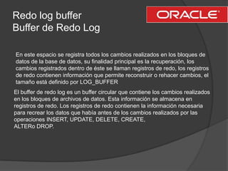 Redo log bufferBuffer de Redo LogEn este espacio se registra todos los cambios realizados en los bloques de datos de la base de datos, su finalidad principal es la recuperación, los cambios registrados dentro de éste se llaman registros de redo, los registros de redo contienen información que permite reconstruir o rehacer cambios, el tamaño está definido por LOG_BUFFEREl buffer de redo log es un buffer circular que contiene los cambios realizados en los bloques de archivos de datos. Esta información se almacena en registros de redo. Los registros de redo contienen la información necesaria para recrear los datos que había antes de los cambios realizados por las operaciones INSERT, UPDATE, DELETE, CREATE,ALTERo DROP.