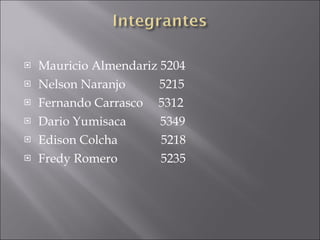 Mauricio Almendariz 5204 Nelson Naranjo  5215 Fernando Carrasco  5312 Dario Yumisaca  5349 Edison Colcha  5218 Fredy Romero  5235 
