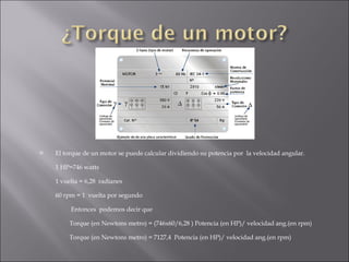 El torque de un motor se puede calcular dividiendo su potencia por  la velocidad angular.  1 HP=746 watts  1 vuelta = 6,28  radianes  60 rpm = 1  vuelta por segundo   Entonces  podemos decir que  Torque (en Newtons metro) = (746x60/6,28 ) Potencia (en HP)/ velocidad ang.(en rpm)  Torque (en Newtons metro) = 7127,4  Potencia (en HP)/ velocidad ang.(en rpm)  