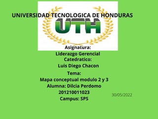 UNIVERSIDAD TECNOLOGICA DE HONDURAS
Asignatura:
Liderazgo Gerencial
Catedratico:
Luis Diego Chacon
Tema:
Mapa conceptual modulo 2 y 3
Alumna: Dilcia Perdomo
201210011023
Campus: SPS
30/05/2022
 