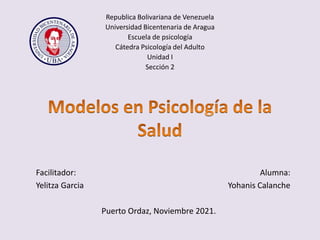 Republica Bolivariana de Venezuela
Universidad Bicentenaria de Aragua
Escuela de psicología
Cátedra Psicología del Adulto
Unidad I
Sección 2
Facilitador: Alumna:
Yelitza Garcia Yohanis Calanche
Puerto Ordaz, Noviembre 2021.
 