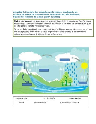 Actividad 3. Completa los recuadros de la imagen escribiendo los
cambios de estado de la materia que intervienen en cada fenómeno.
Fíjate en el recuadro de abajo. (Valor 3 puntos)
El ciclo del agua es un fenómeno que se presenta en todo el mundo, su función es que
el agua vaya transformándose en distintos estados de la materia de forma natural pues
es vital para el planeta y los seres vivos.
Se da por la interacción de reacciones químicas, biológicas y geográficas pero en el caso
que este proceso no se llevara a cabo no podríamos tener acceso a este elemento
natural y necesario para la vida de los seres humanos.
condensación sublimación evaporación
fusión solidificación sublimación inversa
 