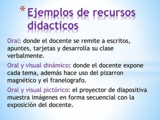 Oral: donde el docente se remite a escritos,
apuntes, tarjetas y desarrolla su clase
verbalmente.
Oral y visual dinámico: donde el docente expone
cada tema, además hace uso del pizarron
magnético y el franelografo.
Oral y visual pictórico: el proyector de diapositiva
muestra imágenes en forma secuencial con la
exposición del docente.
*Ejemplos de recursos
didacticos
 