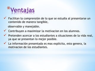 *Ventajas
 Facilitan la comprensión de lo que se estudia al presentarse un
contenido de manera tangible,
observable y manejable.
 Contribuyen a maximizar la motivacion en los alumnos.
 Pretenden acercar a los estudiantes a situaciones de la vida real,
ya que se presentan lo mejor posible.
 La información presentada es mas explicita, esto genera, la
motivacion de los estudiantes.
 
