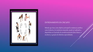 ENTRENAMIENTO EN CIRCUITO
Método que tiene como objetivo principal la resistencia aeróbica
como la fuerza y la resistencia muscular, puede ser aplicado a
deportistas en el periodo de acondicionamiento físico básico, a
escolares y a grupos de distintas especialidades.
 