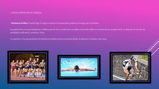 2. SEGUN OBTENCION DE ENERGIA
- ResistenciaAeróbica. Cuando llega el oxigeno necesario al musculo para producir la energía que necesitamos.
Las pulsaciones en la que trabajemos no deben pasar de 160-170 puls./min. (en atletas entrenados deben ser menores de 130-150 puls./min). La duración de este tipo de
actividades oscila entre 4 minutos y 1 hora.
Los deportes en los que predomina la Resistencia Aeróbica son las carreras de fondo, la natación, el ciclismo, entre otros.
 